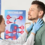 Lekarka bada palpacyjnie tarczycę pacjenta, który zgłosił się z nieleczoną niedoczynnością tarczycy